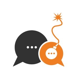 Icon representing dangerous speech — a black text message bubble on the left with an orange bomb with a burning fuse in a speech bubble on the right.